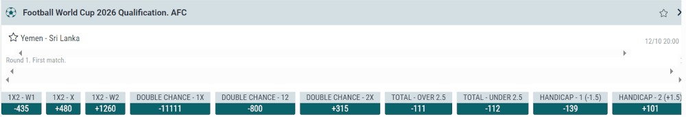 US 22Bet odds format for a match between Yemen and Sri Lanka