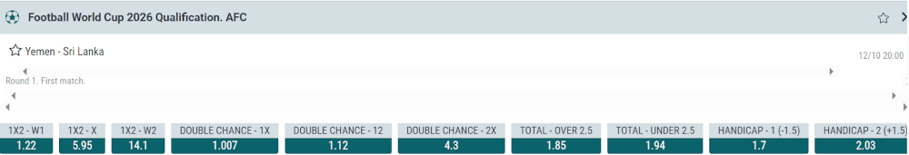 Decimal 22Bet odds format for a match between Yemen and Sri Lanka