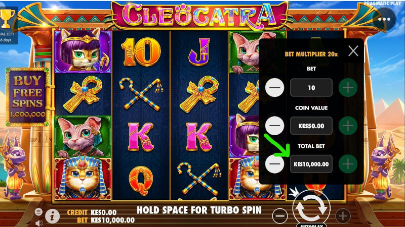 Green arrow showing the maximum bet for Cleocatra slot at 22Bet Casino