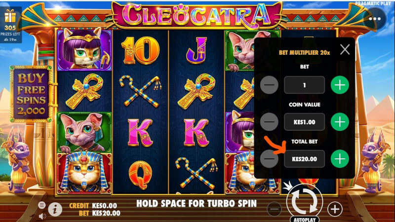 An orange arrow pointing at the minimum bet for Cleocatra slot at 22Bet Casino