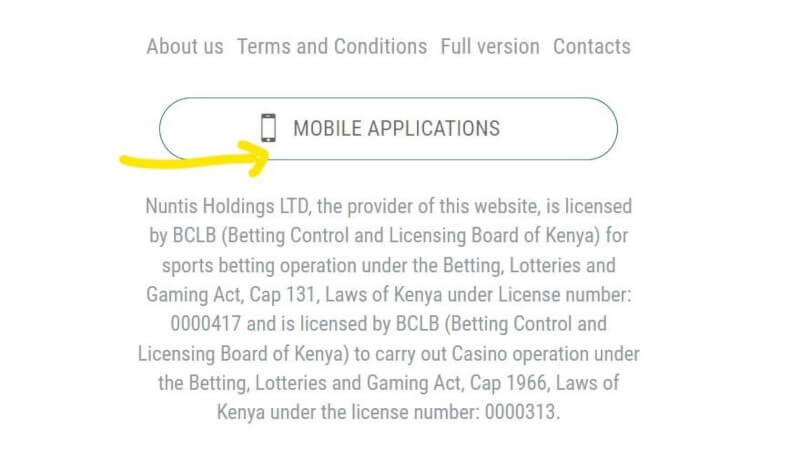 Yellow arrow pointing at the MOBILE APPLICATIONS option at 22Bet Kenya