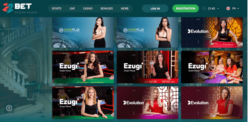 Live dealer baccarat games at 22Bet casino