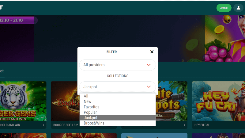 Jackpot filter option at 22Bet Casino