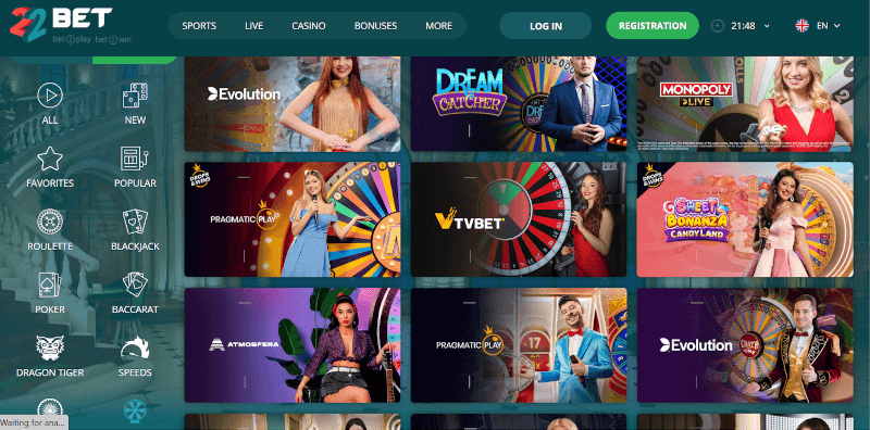 Live game shows at 22Bet casino