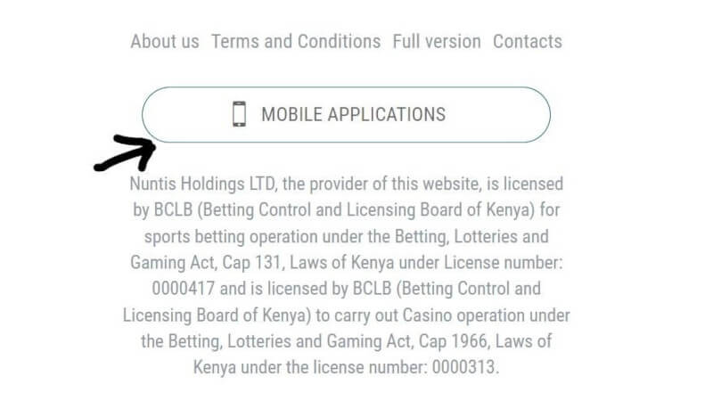 Black arrow pointing at the MOBILE APPLICATIONS option at 22Bet Kenya