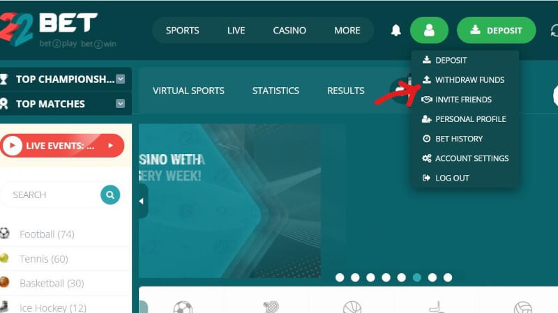 Red arrow pointing at the WITHDRAW FUNDS option at 22Bet Kenya