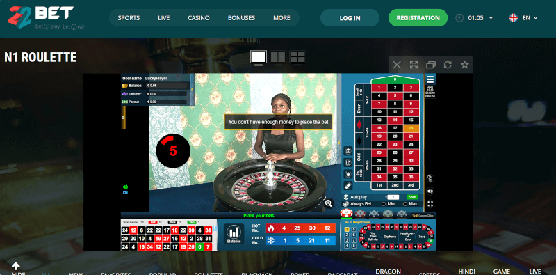 Free play live dealer game at 22Bet Casino