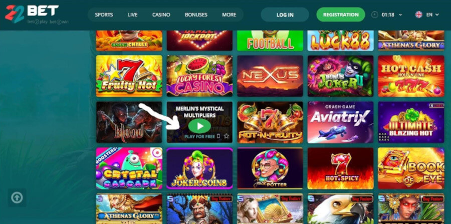 White arrow showing a game available for free play at 22Bet